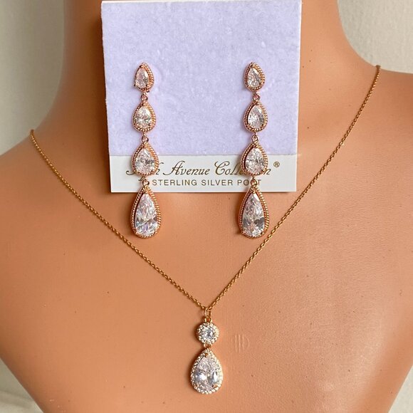 FAC Glamorous CZ Necklace & Earrings Rose Gold tone NWT - Picture 1 of 7